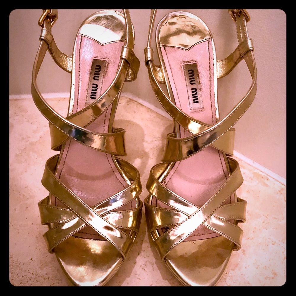 Miu Miu Metallic Gold Crisscross Strap High Heels with Pink Insole